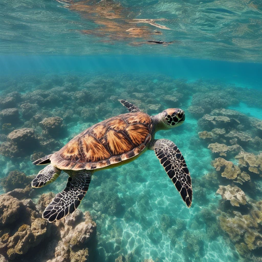 Snorkellers swimming with a sea turtle at the Daymaniyat Islands on a Horizon Blue sharing snorkelling tour